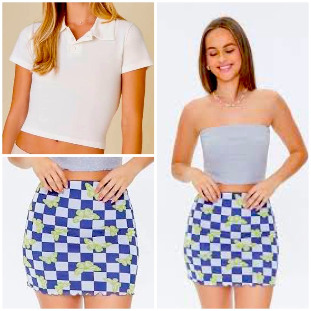 NWT Forever 21 White school girl tee checked Butterfly skirt Size s, m